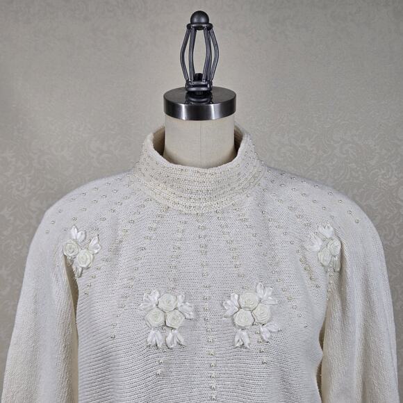VTG Avon Fashions Silk Angora Ramie Blend Sweater M Ivory Pearl Accents READ - Picture 2 of 14